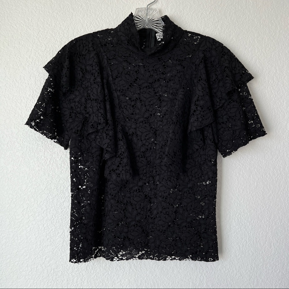 Zara Black Short Sleeve Lace Ruffle Mock Neck Top Size XSmall